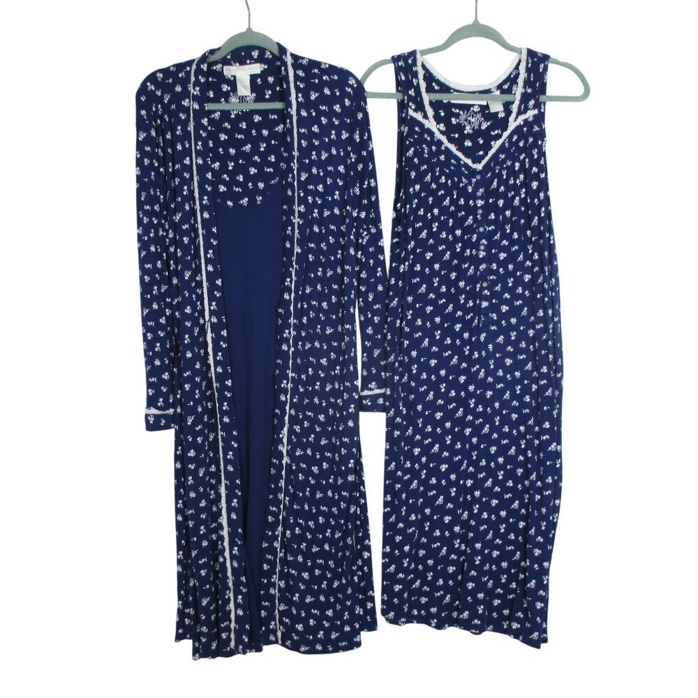 Eileen West Navy and White Floral Robe & Nightgown Set